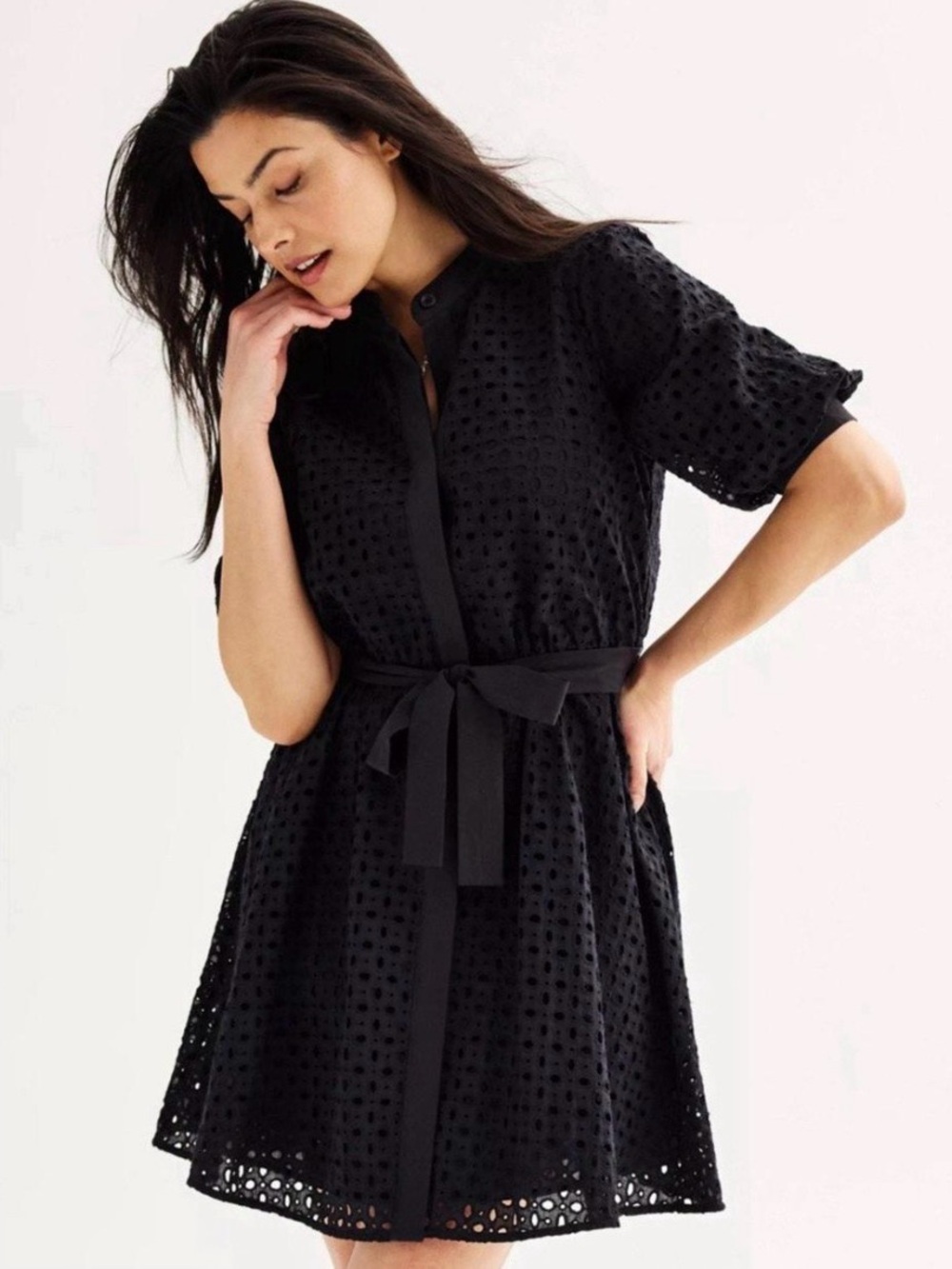 Nine West Black Eyelet Tie-Waist Shirt Dress - Women